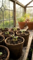 Young seedlings growing in biodegradable peat pots inside sunny greenhouse with warm natural light filtering through glass windows for organic gardening.