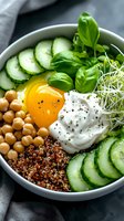 Fresh bowl with quinoa, chickpeas, cucumber slices, raw egg yolk, yogurt sauce, microgreens and basil leaves arranged on dark background for healthy eating concept.