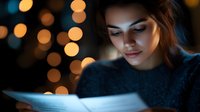 Young woman reading digital tablet in dark room with bokeh lights background, face illuminated by screen glow creating atmospheric night mood.