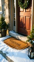 Festive front door entrance with welcome mat, evergreen wreath, small Christmas trees, lantern, and snow-covered steps in winter holiday decor.