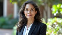 Confident mature businesswoman with long wavy hair wearing professional black suit and white blouse against blurred green outdoor background.