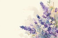 Delicate watercolor lavender flowers and small white blossoms with soft green leaves against cream background, creating gentle botanical composition.