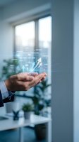 Businessman hand displaying holographic financial data analytics with growth arrow in modern office environment for business technology presentations.