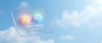 Transparent glass weather widget displaying sunny and cloudy forecast with temperature reading against blue sky background for app design.