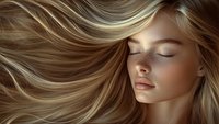Young woman with flowing blonde hair against dark background, eyes closed in serene expression, soft lighting highlights natural beauty and hair movement.