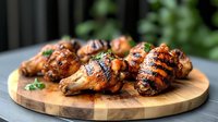 Grilled chicken wings with caramelized glaze and fresh herbs served on round wooden cutting board, close up view of juicy barbecue meat with grill marks.