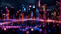 Glowing futuristic cityscape with illuminated skyscrapers reflecting in digital wave surface, neon lights and bokeh effects creating magical urban nightscape atmosphere.