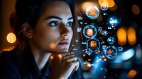 Young businesswoman analyzing digital interface with glowing icons against dark background with bokeh lights, contemplating future technology solutions.