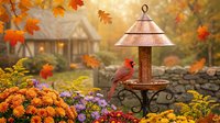 Red cardinal perched on copper bird feeder surrounded by vibrant autumn flowers and falling maple leaves in cozy backyard garden setting.