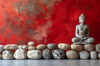 Serene Buddha statue on stone wall with red textured background, meditation stones arranged in zen garden style, creating peaceful Asian spiritual atmosphere.
