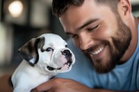 Young bearded man in blue shirt smiling while holding adorable white bulldog puppy with brown patches in warm, intimate moment at home.
