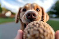 Close-up of golden retriever dog nose and face with pine cone in foreground, shallow depth of field outdoor portrait for pet care and animal content.