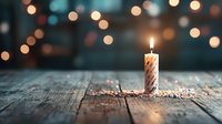 Single lit birthday candle on rustic wooden table with blurred bokeh lights in background, creating magical celebratory atmosphere with sprinkles scattered around.