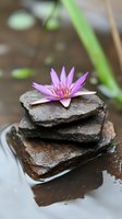Purple water lily blossom resting on wet stacked stones surrounded by calm water, creating zen-like atmosphere for spa and wellness concepts.