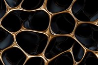 Abstract honeycomb structure with golden metallic edges and dark cavities creating organic cellular pattern for modern design backgrounds.
