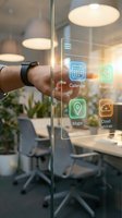 Businessman using smartwatch with holographic interface displaying digital apps in modern office environment for productivity and technology solutions.
