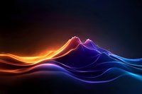 Abstract glowing waves in orange and blue colors creating dynamic mountain silhouette against dark background, modern digital art design for backgrounds.