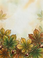 Autumn leaves and chestnuts border a cream background, creating a seasonal frame with watercolor foliage in warm fall tones, ideal for greeting cards and seasonal designs.