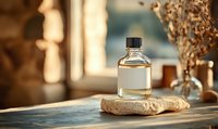 Clear glass bottle with blank label on natural stone, sunlit wooden surface with dried flowers in background. Wellness and aromatherapy concept.