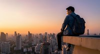 Young man with backpack sitting on rooftop edge overlooking city skyline at sunset. Urban explorer contemplating metropolitan landscape during golden hour.