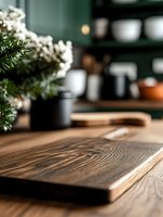 Rustic wooden cutting board on kitchen counter with pine branches and cotton decoration in background, dark green shelving creates cozy winter atmosphere.