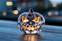 Crystal glass jack o'lantern pumpkin with glowing orange light and spooky carved face on wooden surface against blurred bokeh background at dusk.