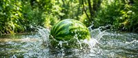 Fresh watermelon splashing in clear stream water surrounded by lush green forest foliage creating refreshing summer scene for healthy lifestyle concepts.