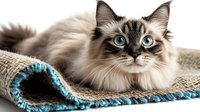 Ragdoll cat with striking blue eyes lying on burlap and turquoise knitted blanket against white background, isolated portrait for pet and animal photography.