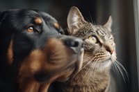 Close-up portrait of rottweiler dog and tabby cat side by side, looking in same direction with alert expressions against dark background.