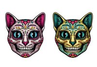 Skull cat head with ornamental face paint in magenta and teal color variations, isolated on white background. Suitable for apparel design, tattoo art, and decorative graphics.