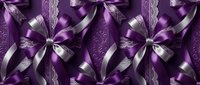 Purple satin ribbon bows with ornate lace pattern seamless background for gift wrapping, wedding decoration, luxury packaging and festive design projects.