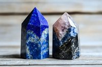 Two polished crystal towers with vibrant blue lapis lazuli and mixed mineral formations on rustic wooden surface for healing and meditation practices.