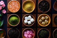Overhead view of traditional Japanese tea ceremony ingredients in wooden bowls including matcha powder, sugar cubes, and sakura petals on dark bamboo mat.