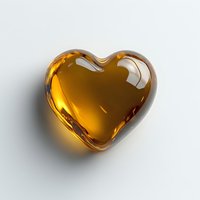 Amber glass heart shape with reflective surface and soft shadows on light background, romantic symbol for love and affection designs.