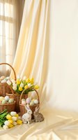 Easter decoration with wicker baskets filled with colorful eggs, yellow tulips and ceramic bunny figurines near window with warm sunlight streaming through curtains.