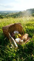 Wicker picnic basket overflowing with fresh grapes, cheese, bread and wine on sunny hillside meadow with rolling countryside landscape and wildflowers.