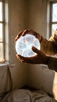 Hands holding glowing energy sphere with electric lightning patterns in atmospheric indoor setting for innovation and technology concepts.