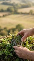 Hands protecting miniature moss-covered house model in countryside landscape symbolizing home insurance, real estate investment and environmental care.