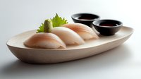 Fresh sashimi slices served on wooden boat plate with soy sauce dipping bowls and wasabi garnish against minimalist background.