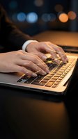 Hands typing on laptop keyboard with glowing digital particles and bokeh lights in background representing technology and online connectivity.
