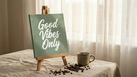Green canvas sign on wooden easel with Good Vibes Only text, coffee mug and scattered beans on linen table, soft natural light.