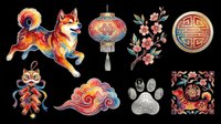 Colorful Asian-inspired design elements including a festive dog, lantern, floral branches, medallions, knot ornaments, and paw print. Isolated on transparent background, ready for t-shirts, clipart, stickers, and print-on-demand projects.