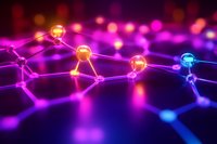 Glowing molecular structure with pink and blue neon nodes connected by bright lines against dark background, depicting scientific network or neural connections.