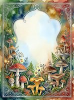 Watercolor mushroom frame with ornate border and botanical elements creates enchanting forest scene for nature-themed designs and seasonal projects.
