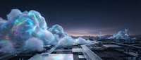 Massive digital cloud formation glowing with neon blue and purple light hovering above industrial cityscape at night, representing data storage, computing infrastructure, and technology innovation.