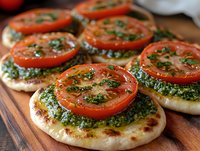 Fresh tomato slices and vibrant pesto sauce top mini flatbreads arranged on wooden cutting board, showcasing Mediterranean-inspired appetizers for party catering.