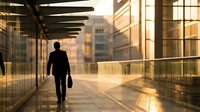 Professional businessman walking through modern glass corridor during golden hour sunset, corporate architecture background for business success concepts.