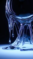 Glossy liquid chrome sculpture with flowing drips and reflective blue tones on dark background, futuristic abstract art concept.