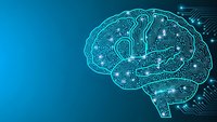 Digital brain circuit board design with glowing neural pathways on blue gradient background for artificial intelligence and technology concepts.