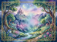 Enchanted fairy tale landscape with magical castle, ornate trees, crescent moon and starry sky in fantasy storybook illustration style for children's books.
